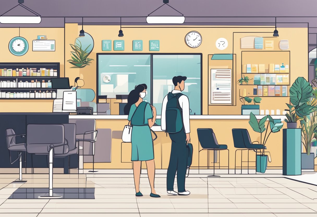 A busy salon reception area with a sign that reads "Frequently Asked Questions" in Singapore. Customers and staff interact in the background