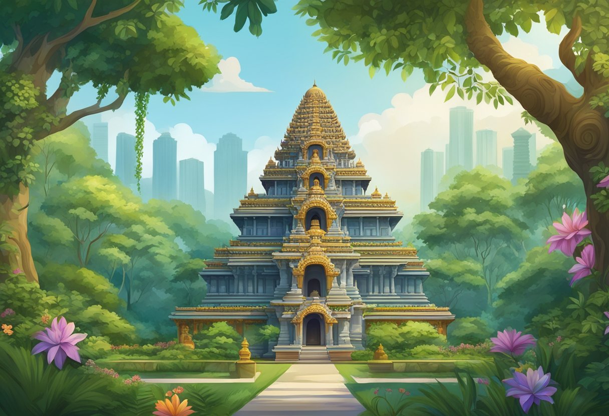 A grand Shiva temple in Singapore, surrounded by lush greenery and adorned with intricate carvings and colorful decorations