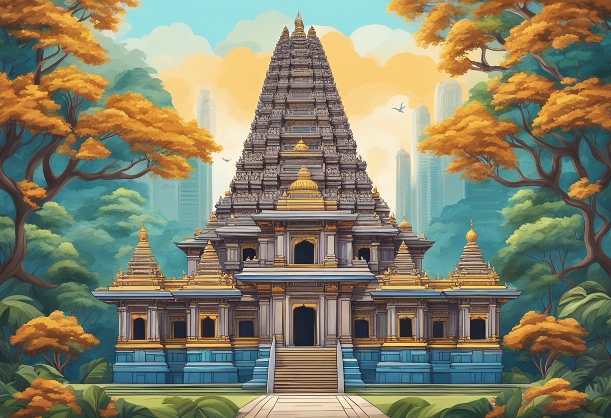 The Shiva temple in Singapore stands tall with intricate carvings and vibrant colors, symbolizing the rich history and cultural significance of Hinduism in the city