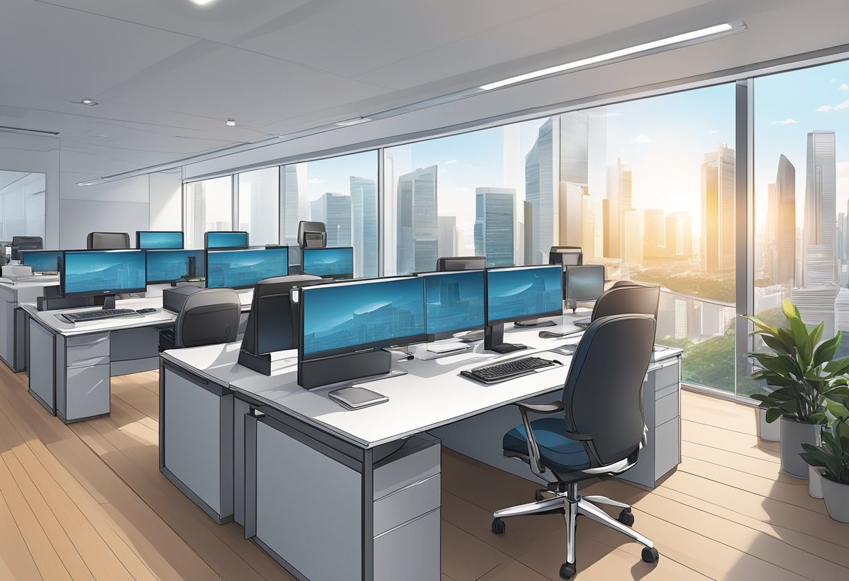 A bustling office in Singapore, with modern furniture and large windows overlooking the city skyline. Computer screens and paperwork cover the desks, while employees collaborate in the open workspace