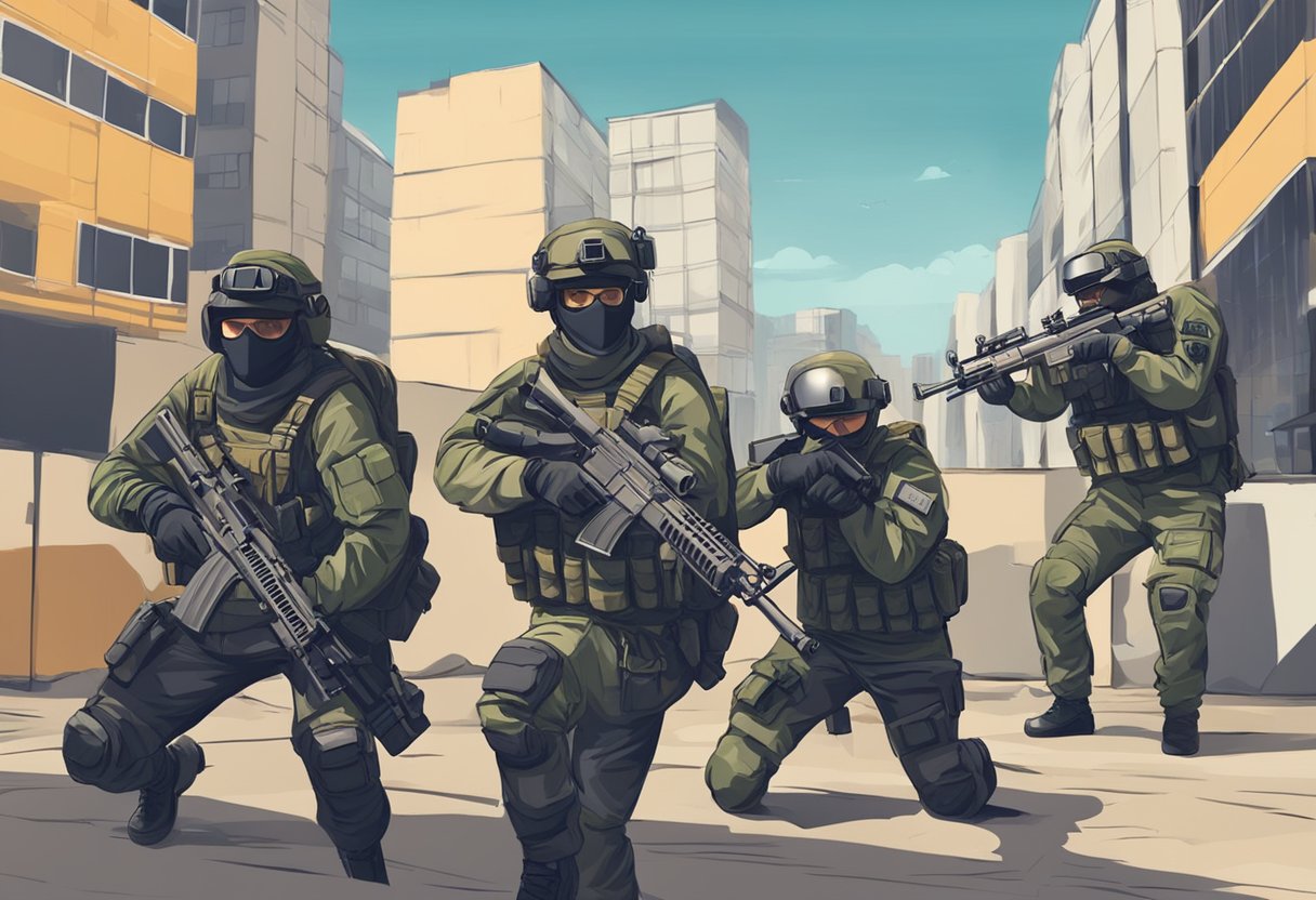 A group of airsoft players in a simulated urban environment, with buildings, barriers, and obstacles. Players are engaged in tactical maneuvers and firing airsoft guns