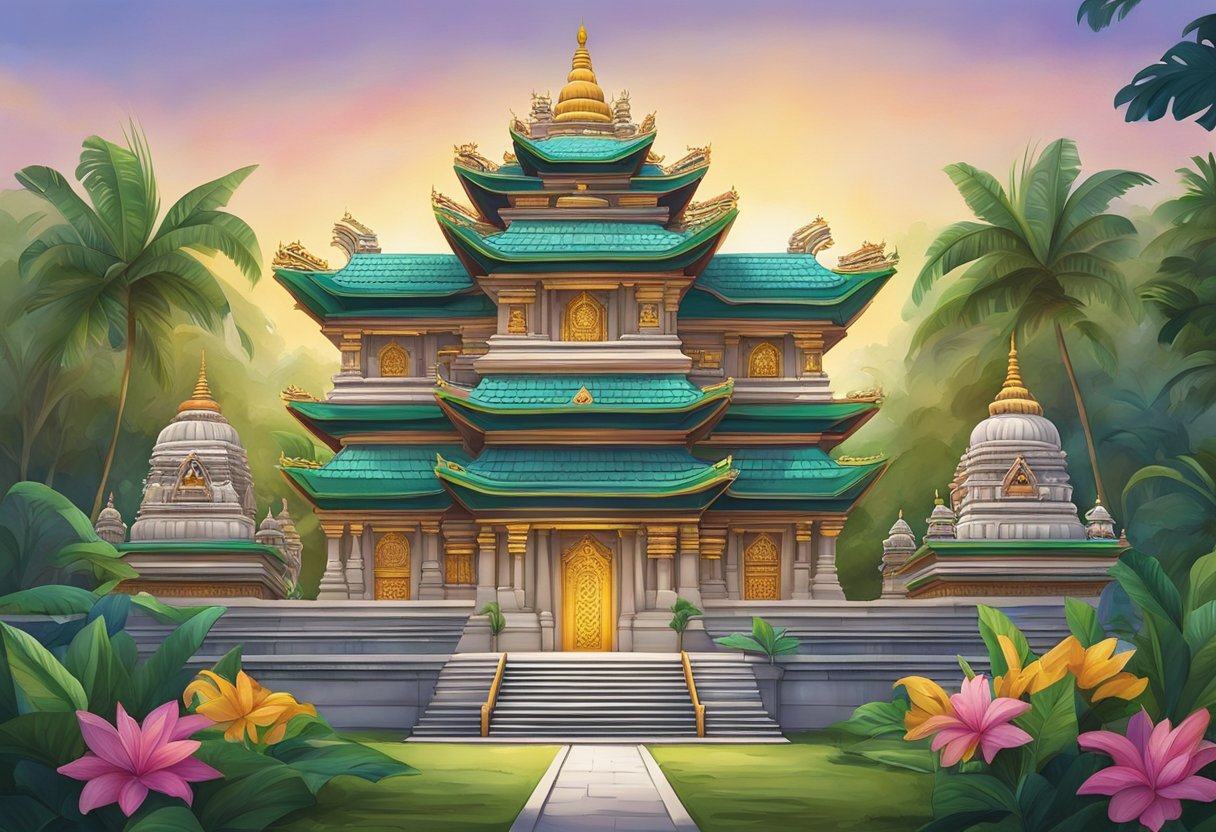 The majestic Shiva Temple in Singapore stands tall, with intricate carvings and colorful decorations adorning its exterior. The temple is surrounded by lush greenery and a serene atmosphere, inviting visitors to explore its sacred grounds