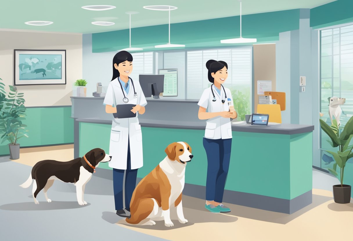 The Singapore veterinary animal clinic is bustling with pets and their owners. A receptionist greets visitors, while veterinarians tend to patients in examination rooms