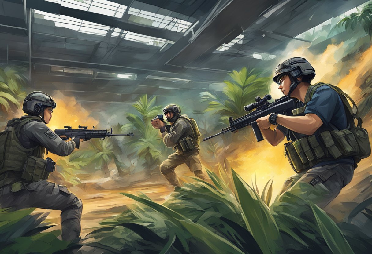 Players navigating through urban jungle, dodging obstacles, and engaging in intense firefights in a Singaporean airsoft arena