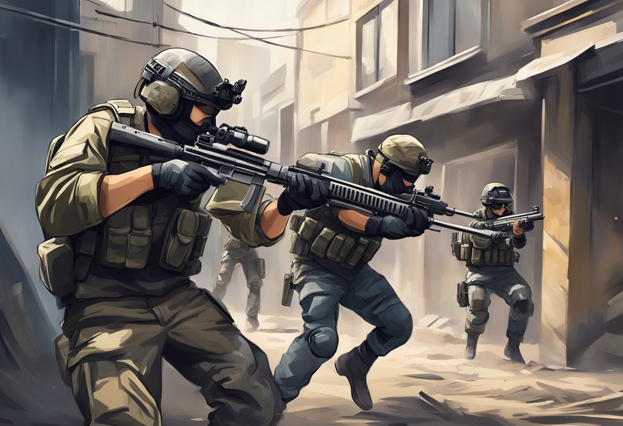 Players engage in intense airsoft battles in a realistic urban setting, navigating through obstacles and exchanging gunfire with an adrenaline-fueled intensity