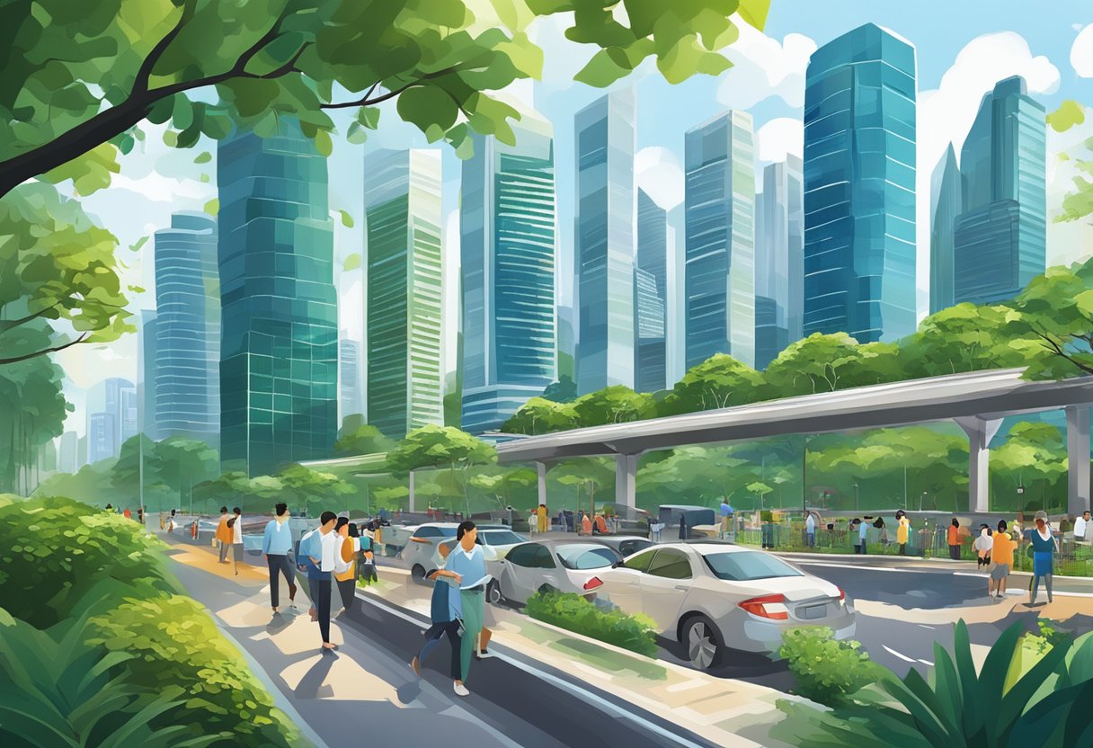 A bustling cityscape with modern skyscrapers, lush greenery, and bustling streets, showcasing the dynamic and vibrant atmosphere of Singapore's agency landscape