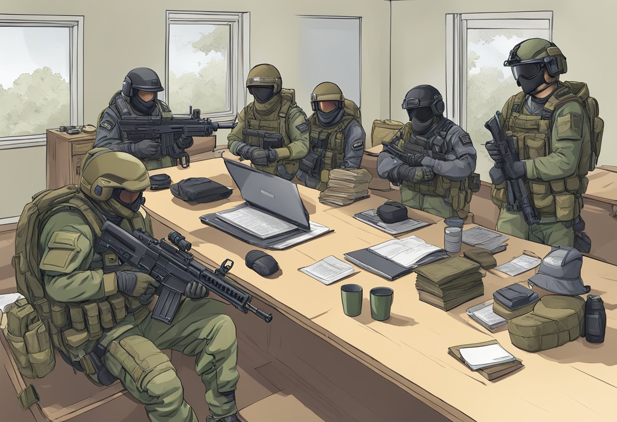 A group of airsoft players gather around a table, discussing rules and regulations. Gear and equipment are scattered across the room