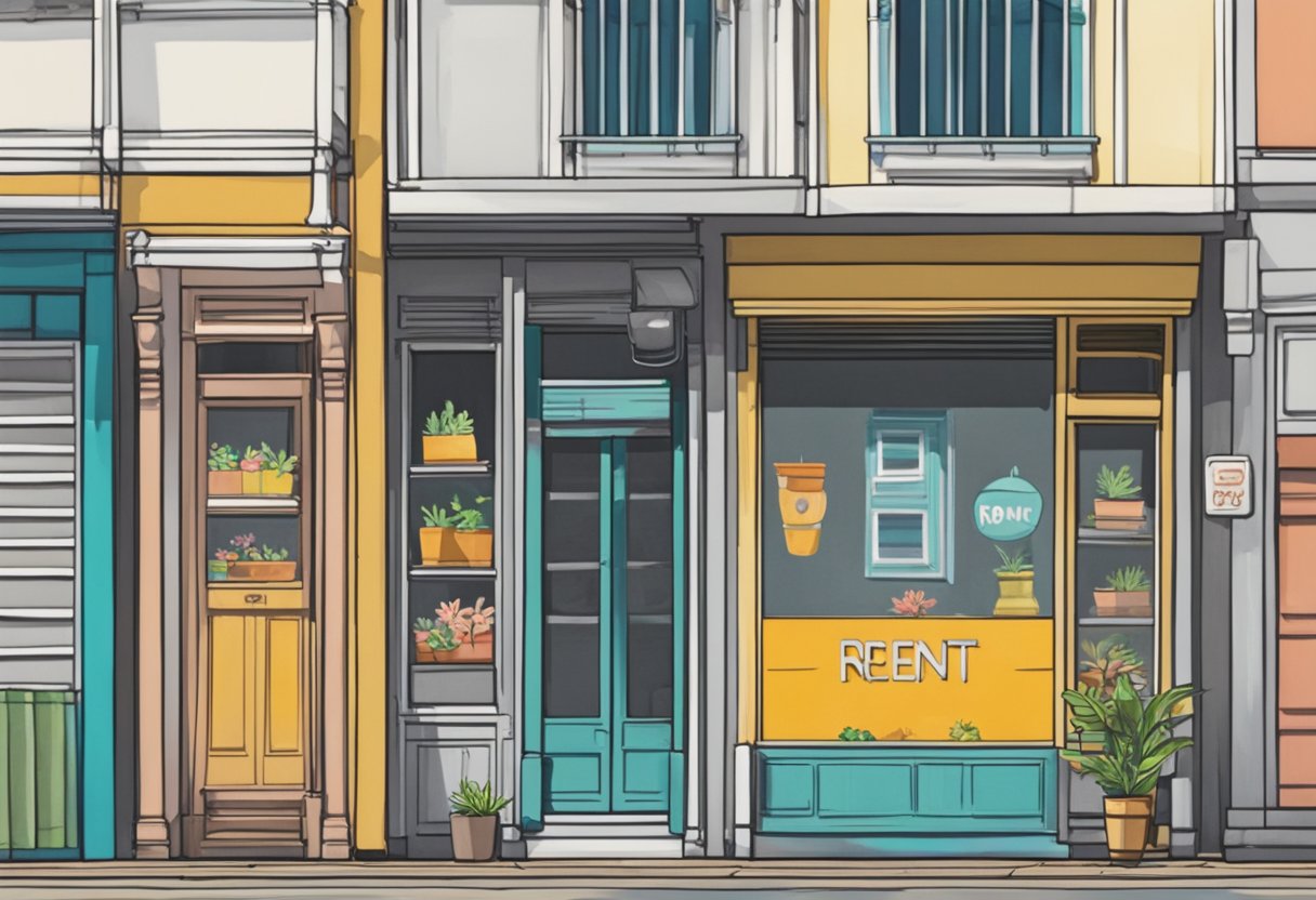 A "For Rent" sign hangs in the window of a vacant shop in Singapore, with a row of neighboring storefronts in the background