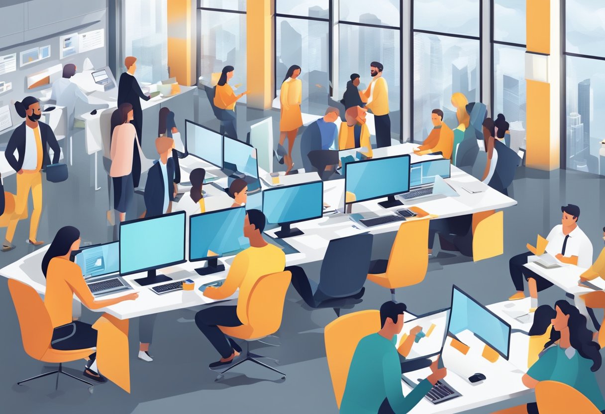 A bustling office with people networking, interviewing, and collaborating. Bright, modern decor and technology present