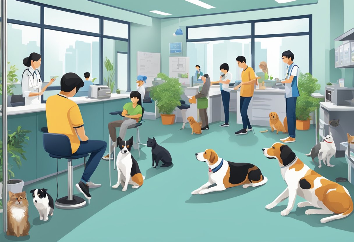 A bustling veterinary clinic in Singapore, with animals and pet owners waiting for services