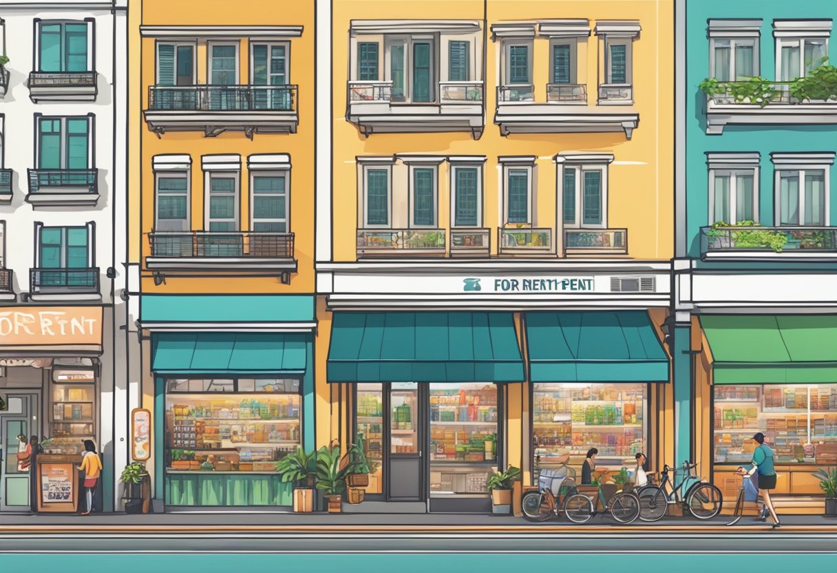 A bustling Singapore street with vibrant shopfronts and "for rent" signs, showcasing the diversity of commercial rental options available