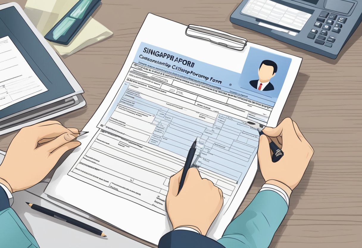 A person filling out a Singapore citizenship application form at a government office