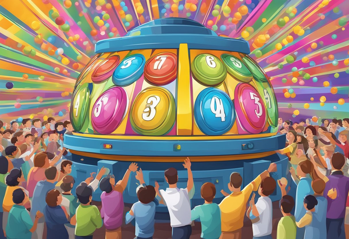 A colorful lottery machine with numbered balls spinning inside, surrounded by excited onlookers