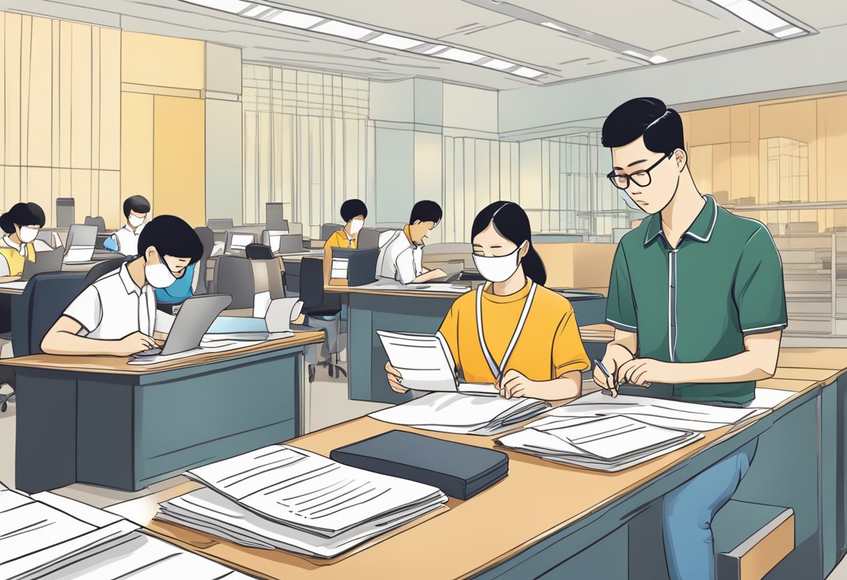 A person filling out citizenship application forms at a government office in Singapore