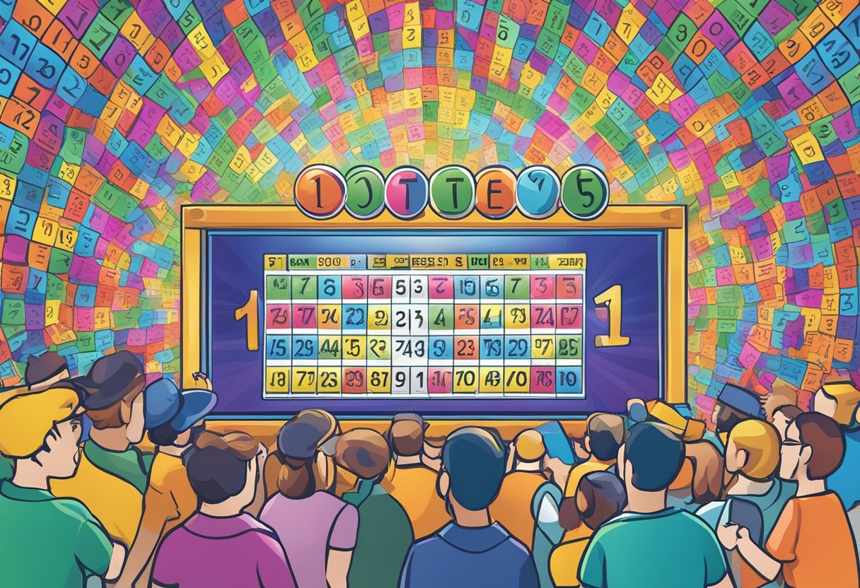 A colorful lottery ticket with the numbers 1-45 displayed on a screen, surrounded by excited onlookers
