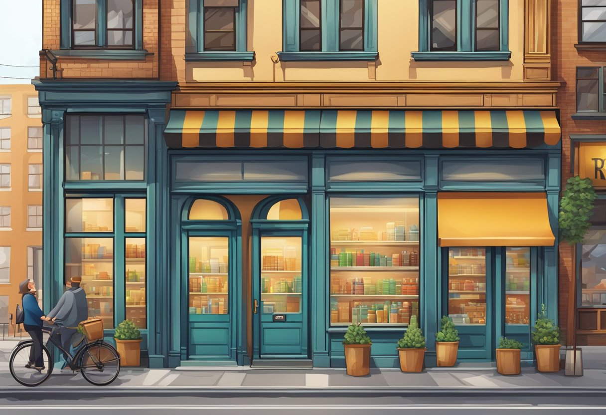 A bustling city street with various storefronts, a "For Rent" sign displayed in the window of a spacious and inviting shop space