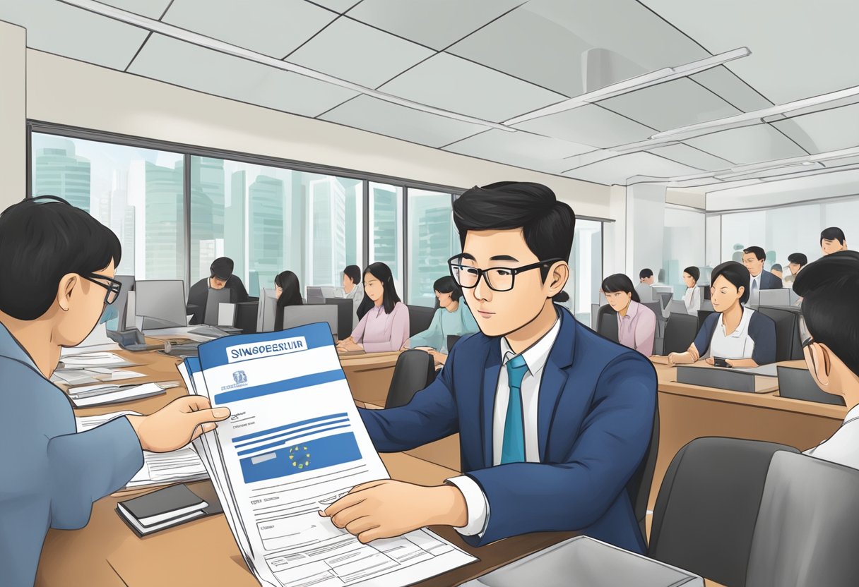 A person submitting a Singapore citizenship application at a government office