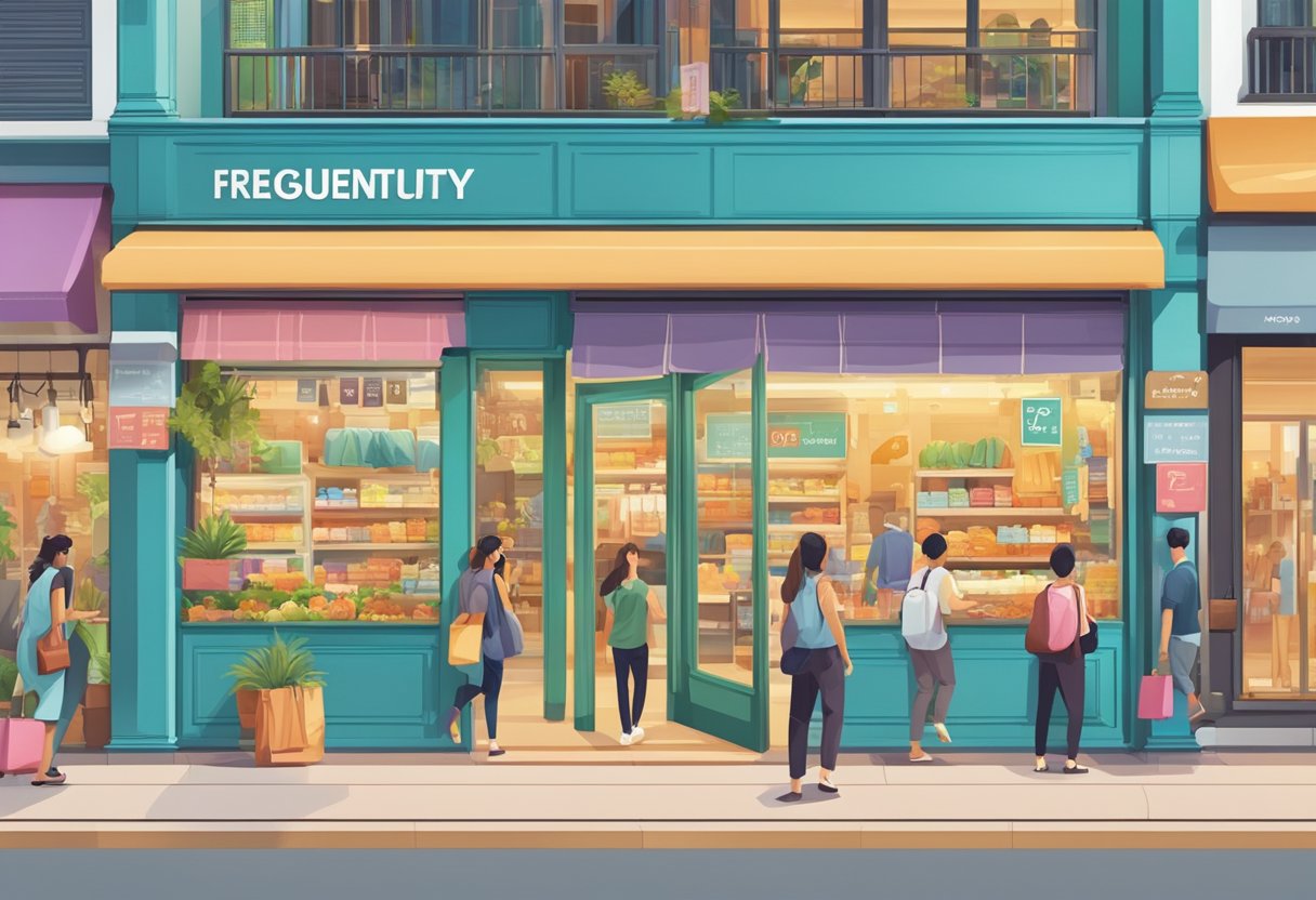 A vibrant storefront with a prominent "Frequently Asked Questions" sign, surrounded by bustling foot traffic in a bustling Singapore shopping district