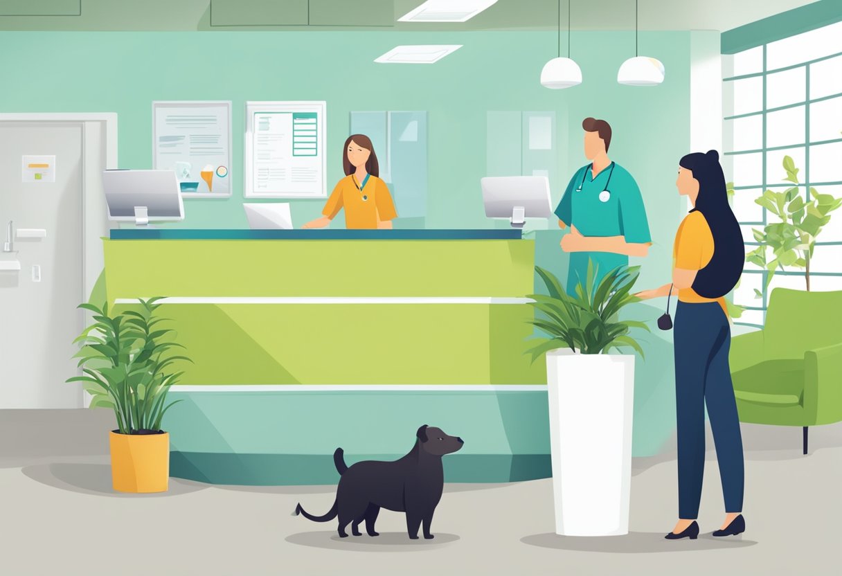 Animals waiting in a clean, bright clinic. A receptionist greets owners. Signage lists FAQs