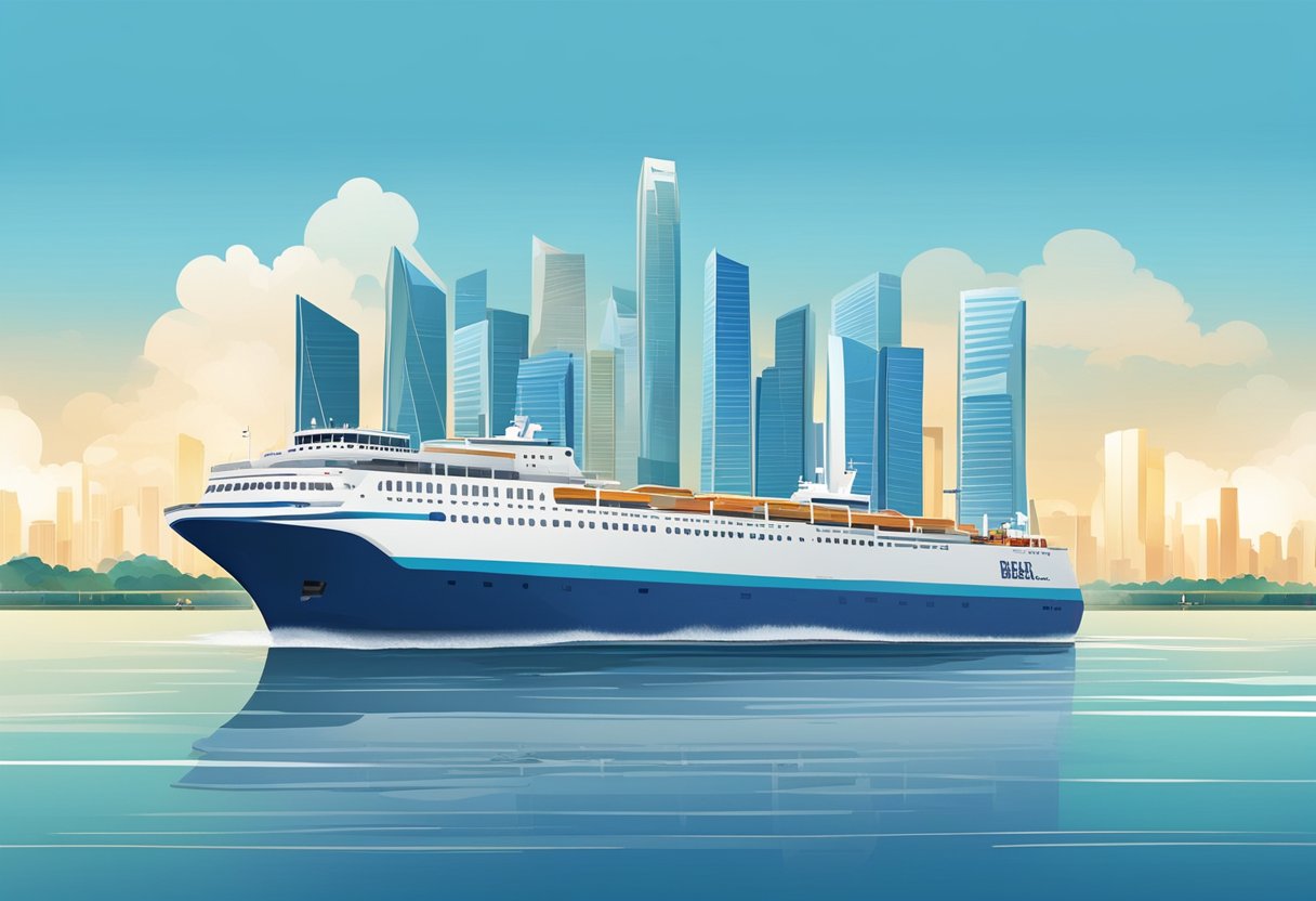 A ferry sails from Singapore to Haikou, passing through calm blue waters and under a clear sky, with city skylines in the background