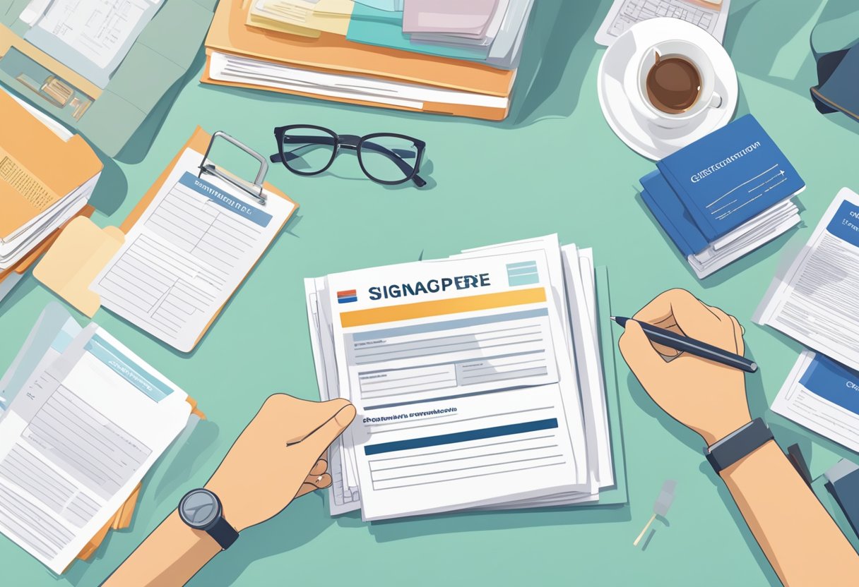 A person filling out a Singapore citizenship application form, surrounded by a stack of frequently asked questions documents