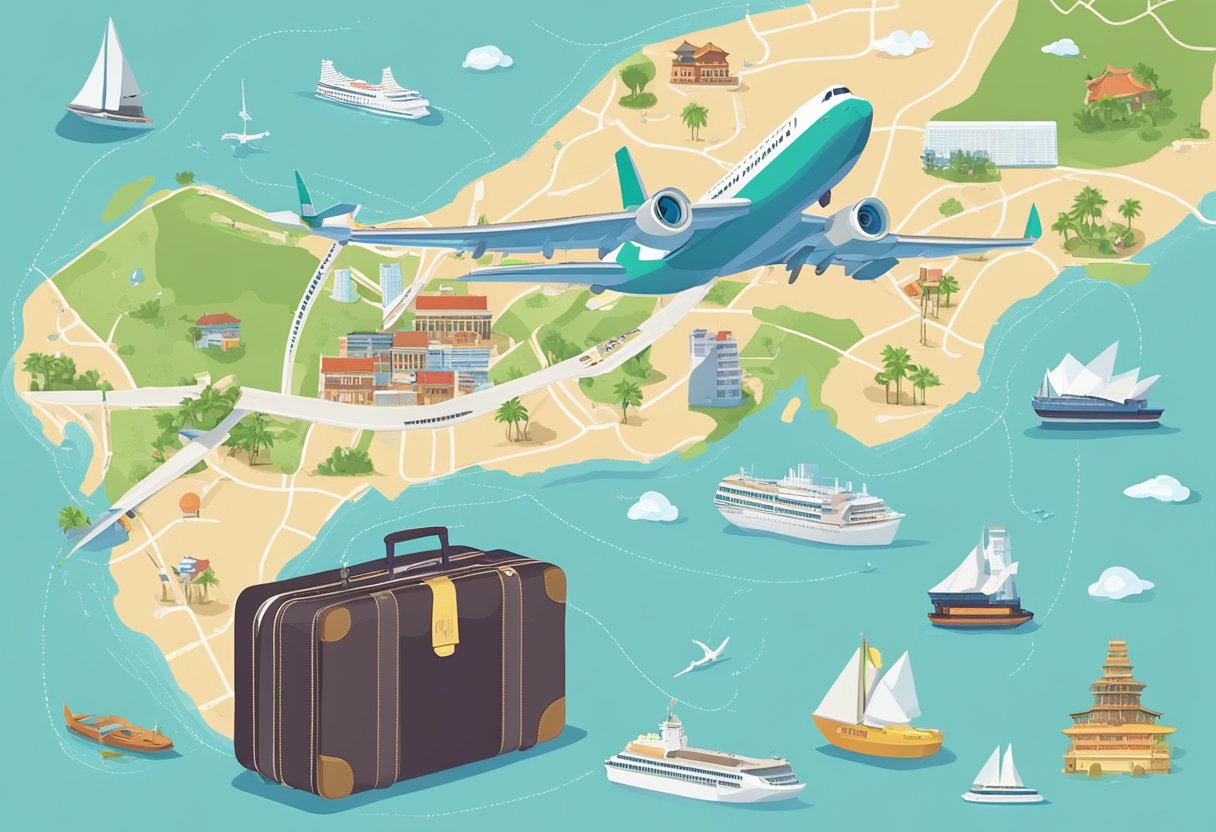 A map of Singapore and Haikou with a dotted line connecting the two cities, surrounded by travel essentials like a passport, plane tickets, and a suitcase