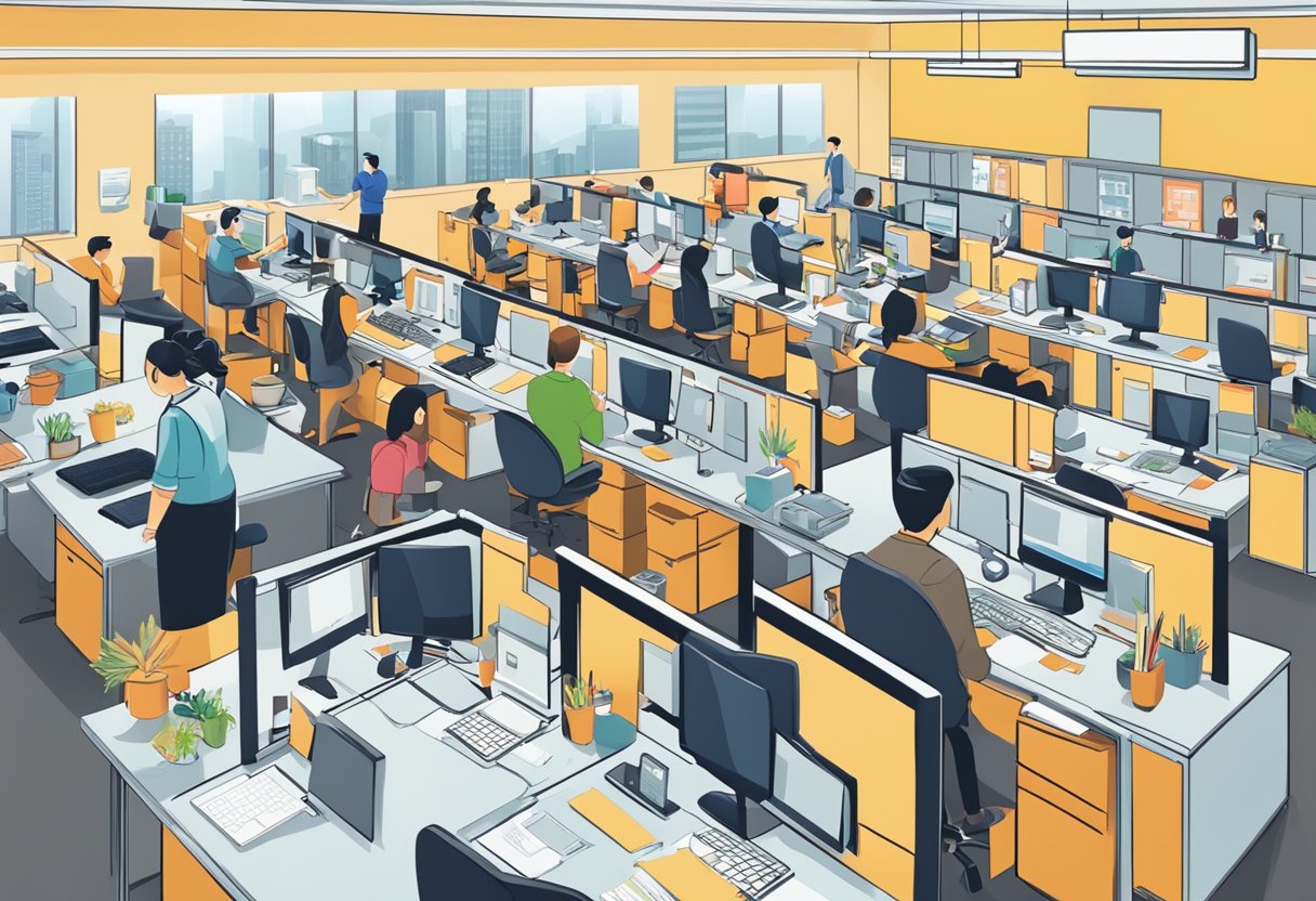A bustling office with people at desks, a sign reading "Frequently Asked Questions Singapore Agency," and a customer service representative assisting a client