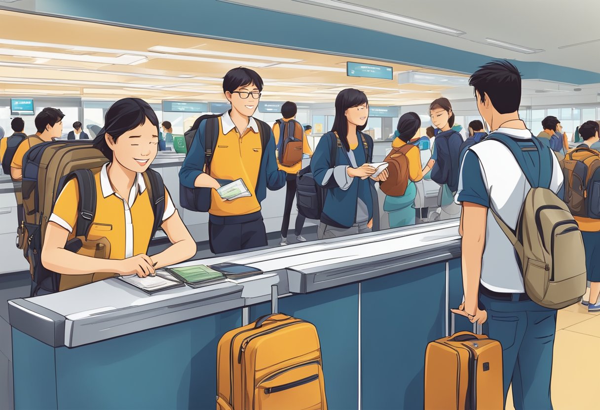 A group of students eagerly checking in at a Singapore Airlines counter, with backpacks and travel documents in hand, ready for an exciting adventure