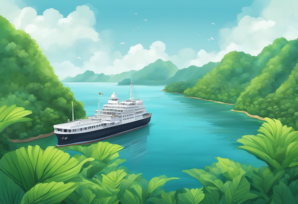 A ship sails through calm waters from Singapore to Haikou, passing by lush green islands and a clear blue sky