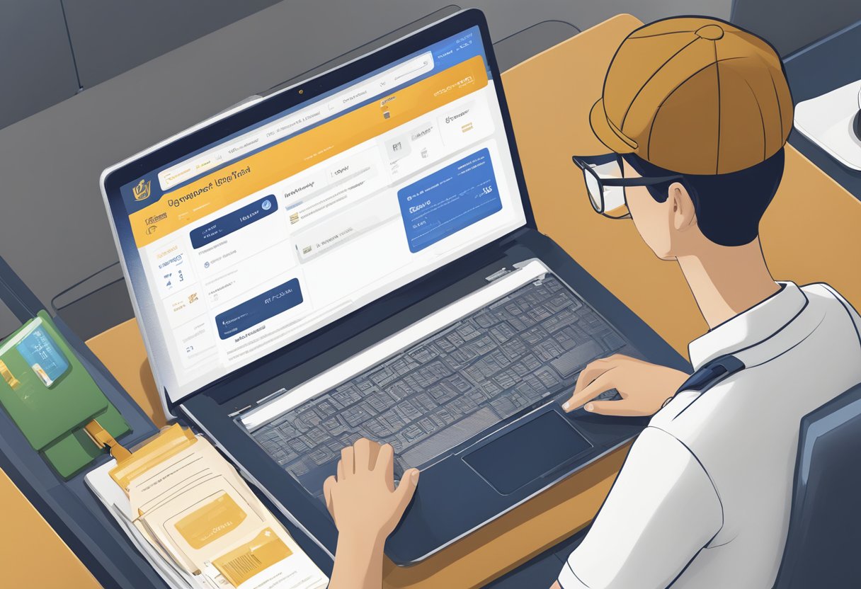 A student at a desk booking a Singapore Airlines flight online with a laptop and student ID in hand. The Singapore Airlines website is displayed on the screen, showing the student fare options