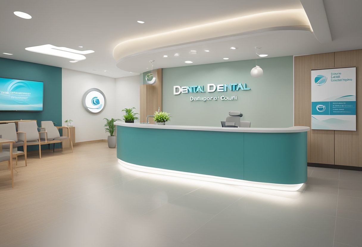 A modern dental office with the Singapore Dental Council logo prominently displayed on the wall. Clean, professional, and welcoming atmosphere