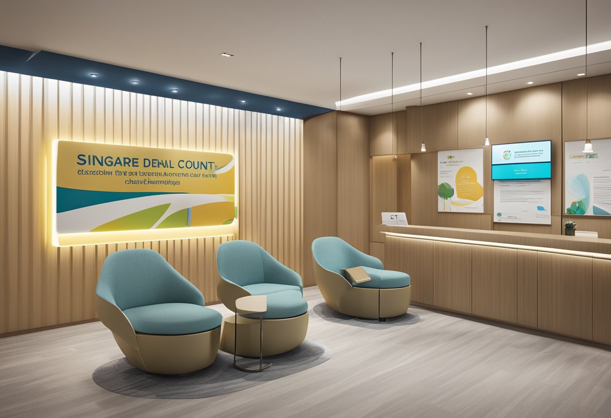 The Singapore Dental Council office is a modern, professional space with clean lines and bright lighting. The reception area features a sleek desk and comfortable seating for visitors. The walls are adorned with educational posters and certificates, creating an atmosphere of knowledge and expertise