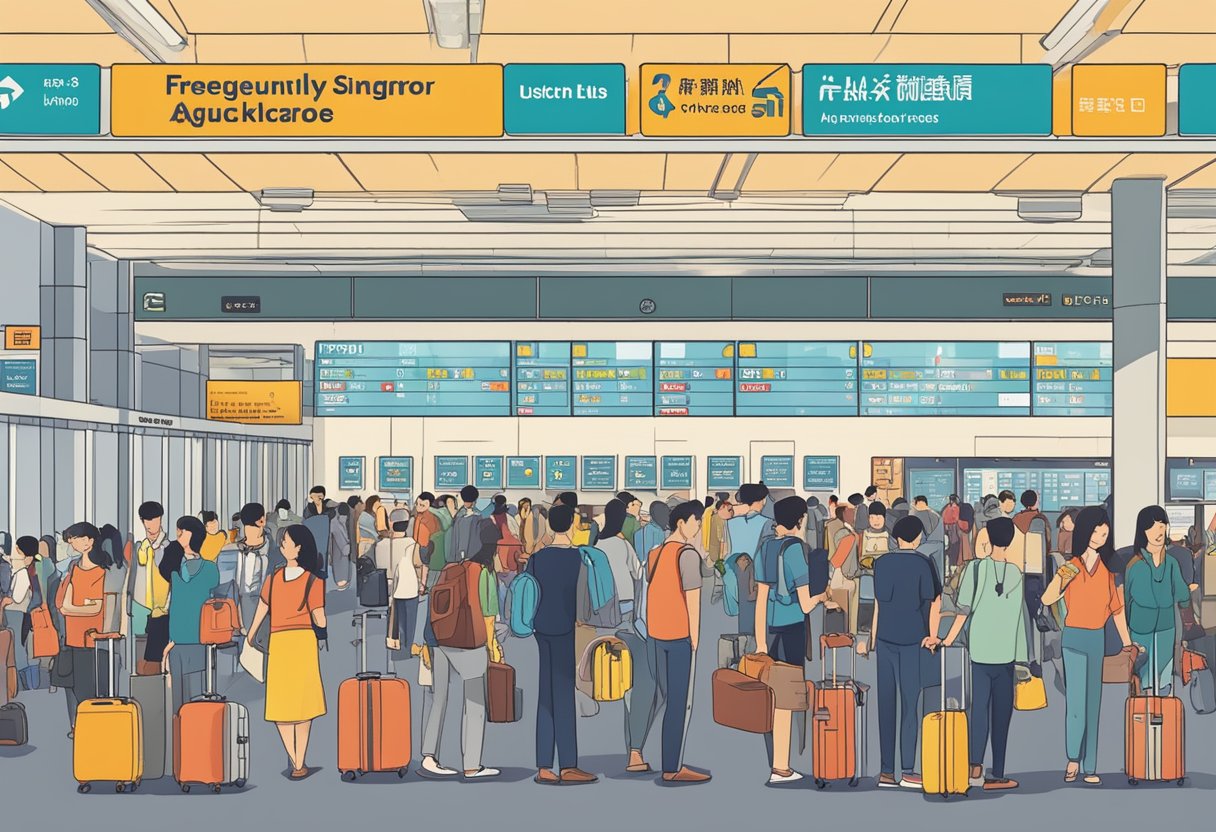 A bustling airport terminal with people lining up at the ticket counter and carrying luggage, while a sign overhead reads "Frequently Asked Questions Singapore to Haikou."