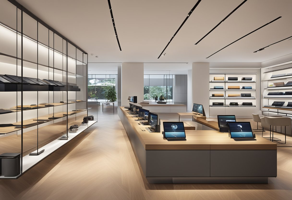 The Bang & Olufsen store in Singapore is a sleek, modern space with minimalist design and luxurious audiovisual equipment on display