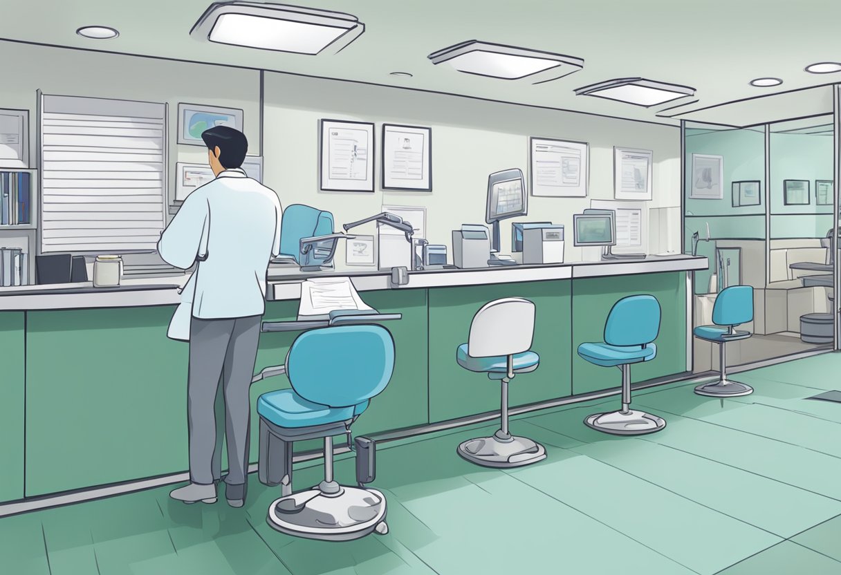 A dentist fills out forms at the Singapore Dental Council office before practicing