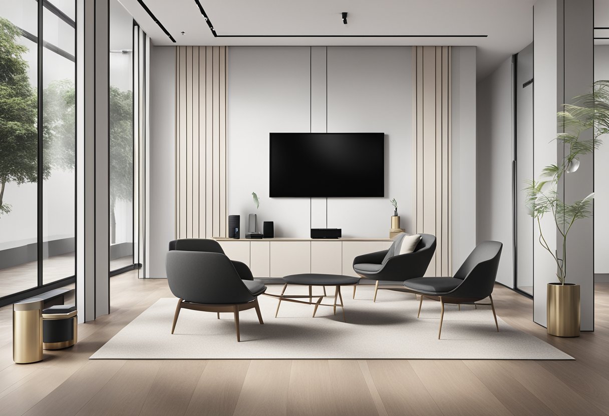A sleek, modern showroom with minimalist decor showcasing Bang & Olufsen products and services in Singapore