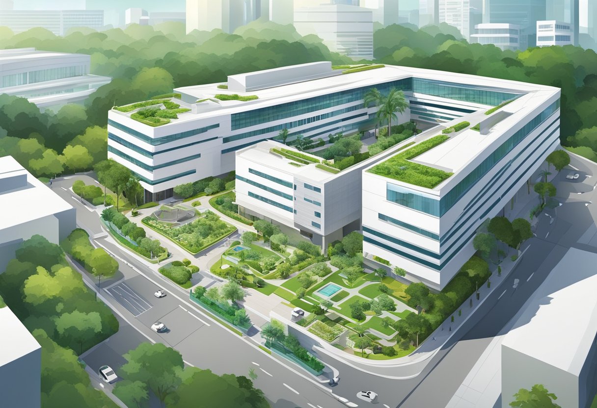 A modern Singapore government hospital with clean, white architecture, surrounded by lush greenery and bustling with activity