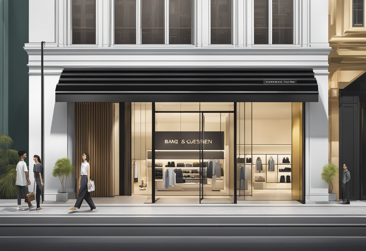 A sleek, modern store front with the "Frequently Asked Questions" sign prominently displayed above the entrance of the Bang & Olufsen store in Singapore