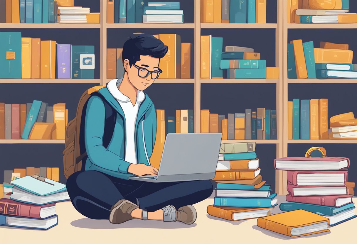 A student holding a Singapore Airlines ticket, surrounded by books and a laptop, searching for student fare FAQs online
