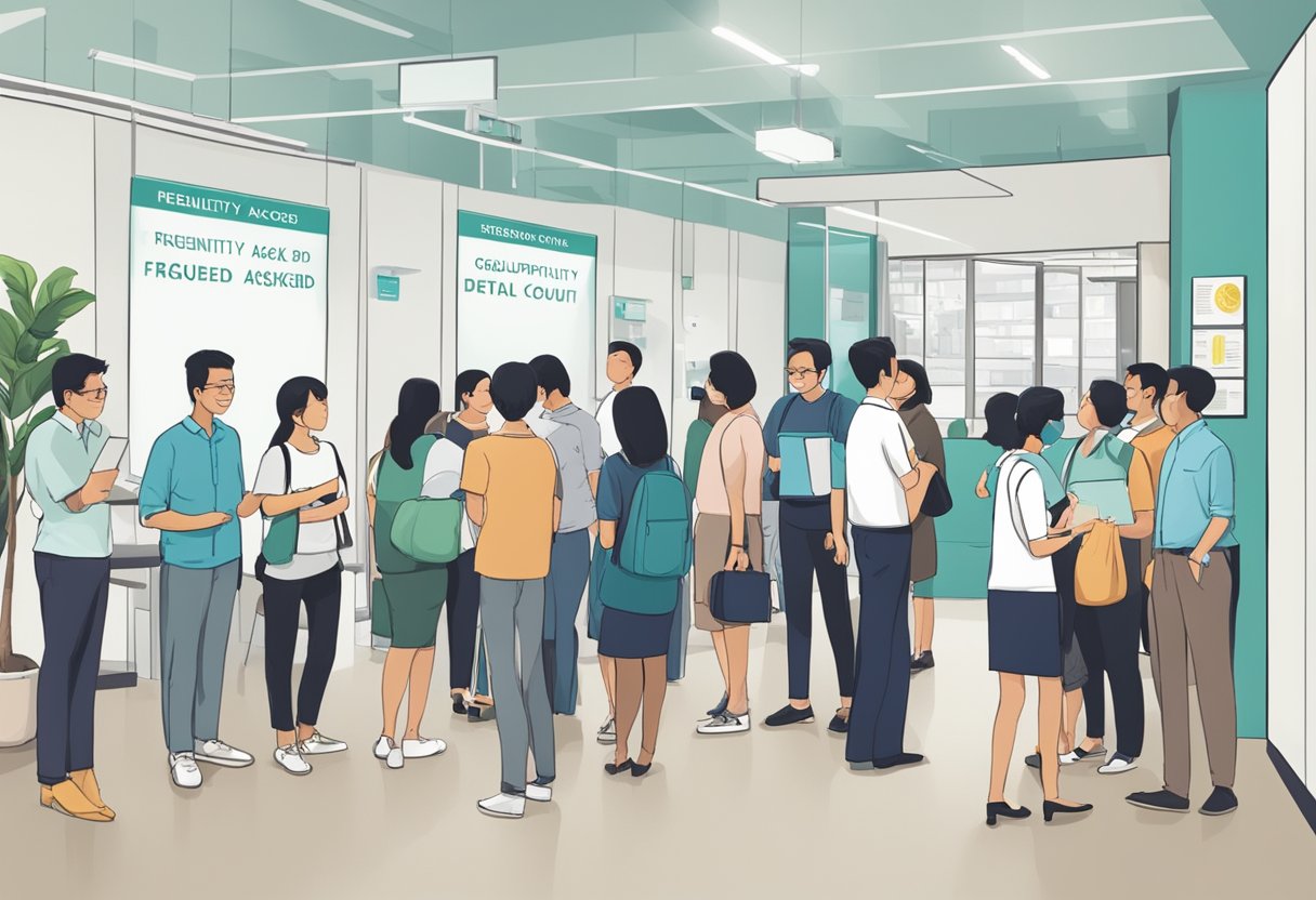 A group of people waiting in line at the Singapore Dental Council office, with a sign displaying "Frequently Asked Questions" prominently
