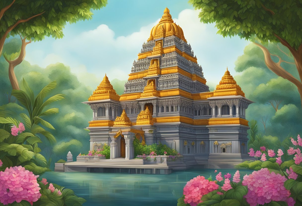 The Singapore Murugan Temple stands tall with colorful, ornate sculptures and intricate carvings, surrounded by lush greenery and adorned with vibrant flowers