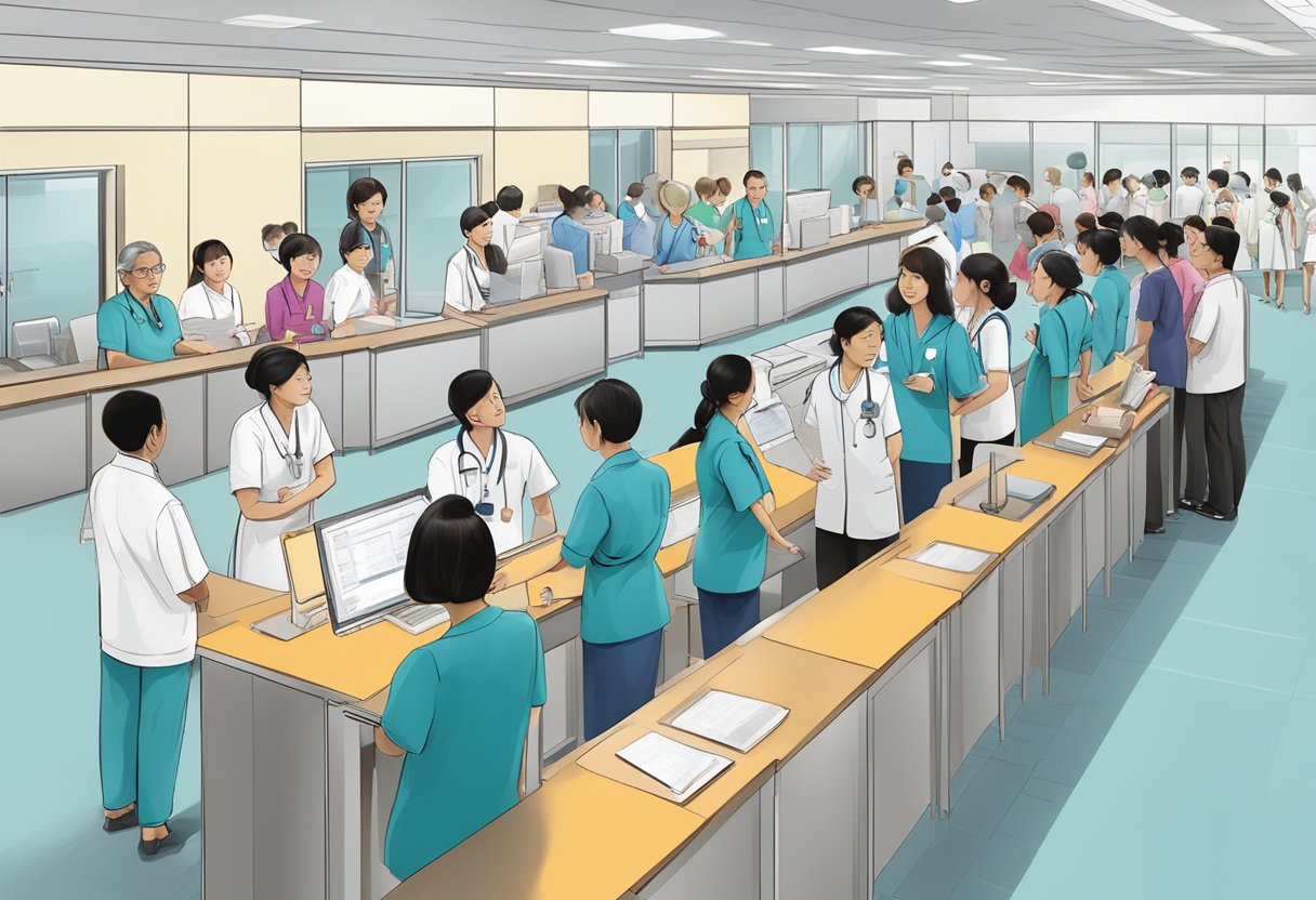 Patients lining up at the information desk, nurses assisting, and signs directing to different departments at the Singapore government hospital