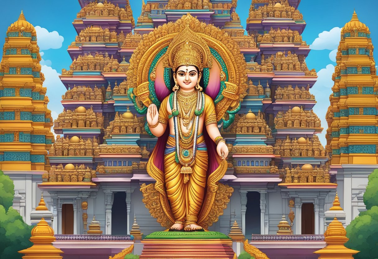 The Singapore Murugan temple stands tall, adorned with colorful statues and intricate carvings, symbolizing the rich history and significance of Hindu culture in the region