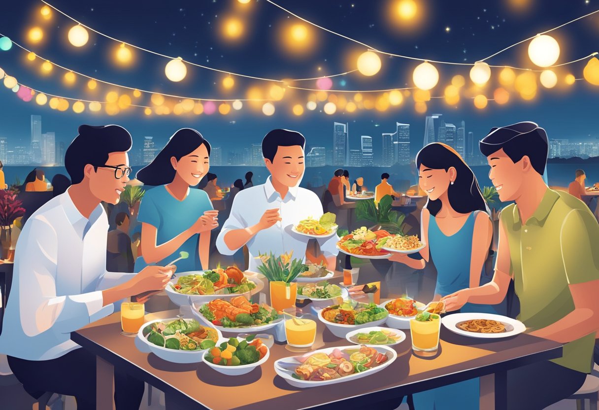 A small group enjoys a variety of gourmet dishes at an outdoor event in Singapore. Tables are adorned with colorful decorations and ambient lighting