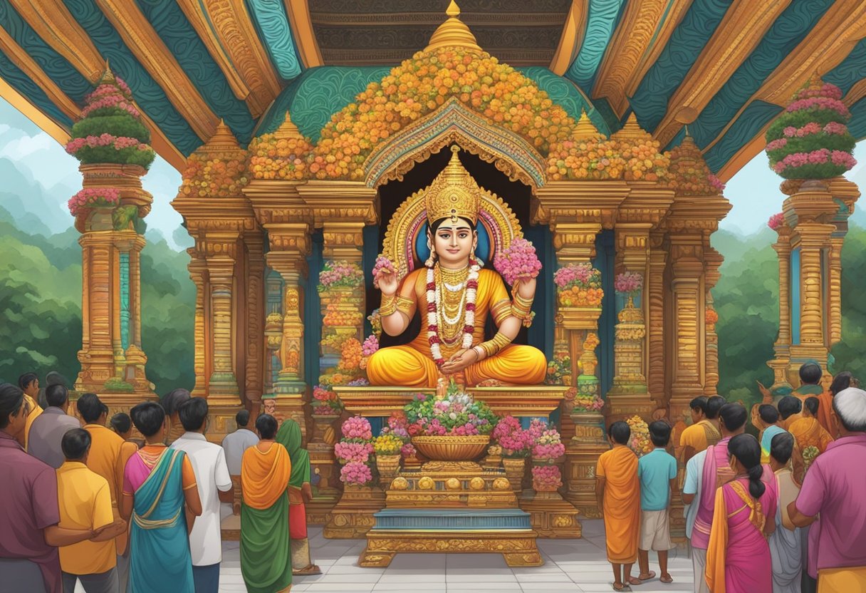 Devotees offer flowers and incense at the colorful and ornate Singapore Murugan Temple during a religious festival