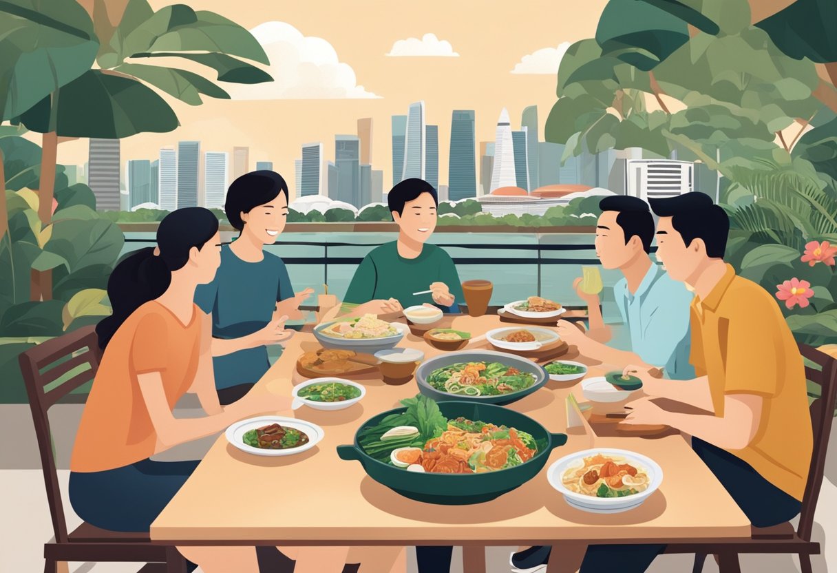 A table set with a variety of Singaporean dishes, surrounded by a small group of people engaged in conversation. The backdrop includes iconic Singaporean landmarks and a warm, inviting atmosphere