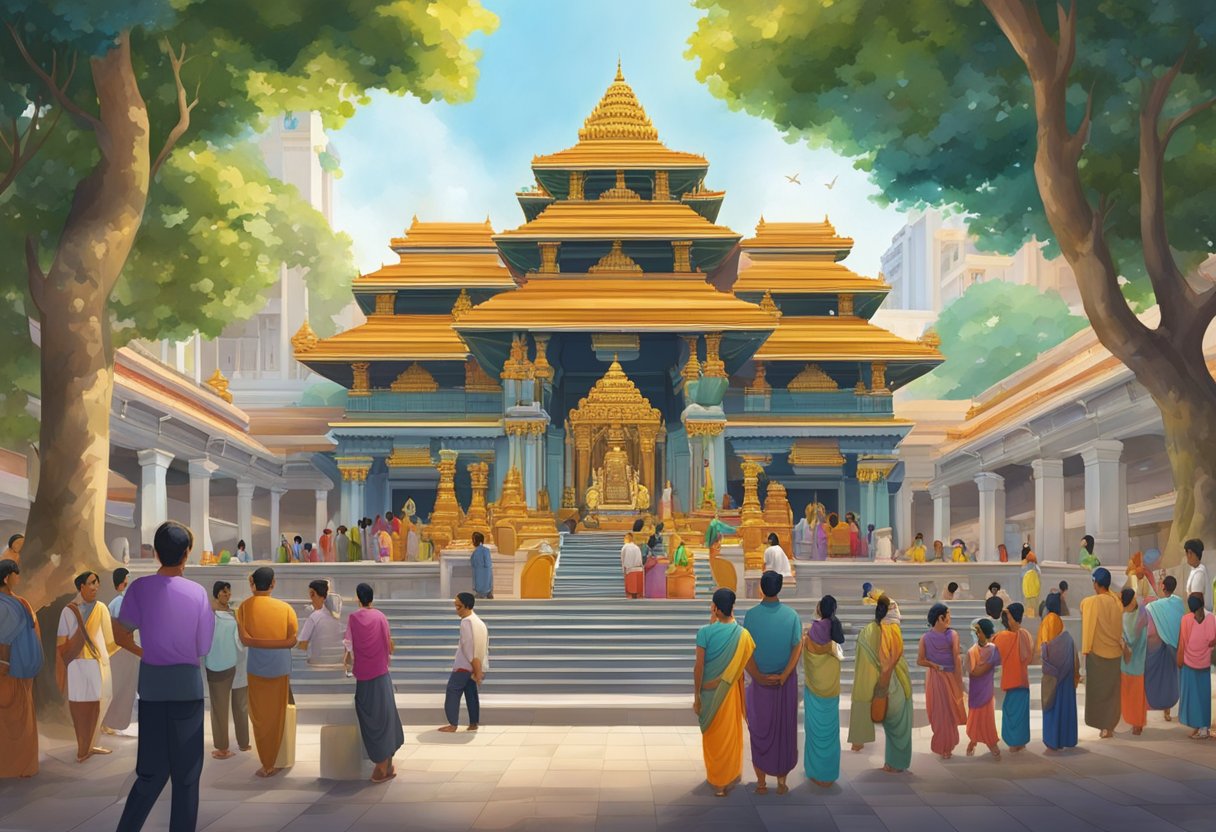 The bustling courtyard of Singapore Murugan Temple, with devotees seeking guidance and solace, surrounded by colorful statues and intricate architecture