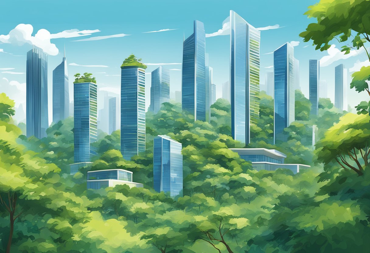 Tall, slender buildings rise against a clear blue sky, surrounded by lush greenery and modern architecture, creating a striking urban landscape