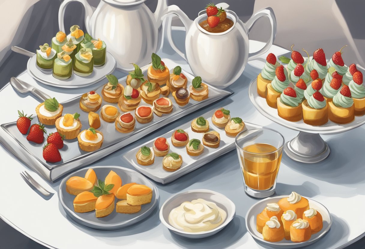 A table set with an assortment of bite-sized appetizers, mini desserts, and elegant drink options for a small, intimate gathering