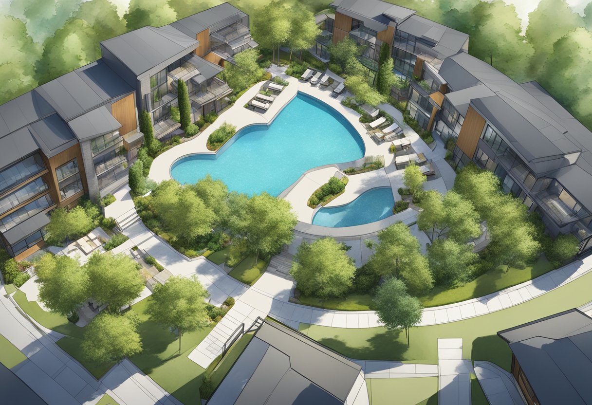 Aerial view of Aspen Heights, with lush greenery, modern architecture, and a serene pool area